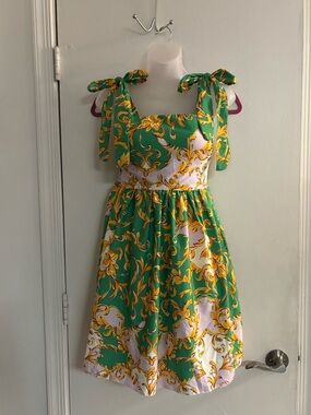 Green Pink & Gold Floral Tie-Shoulder Sundress
